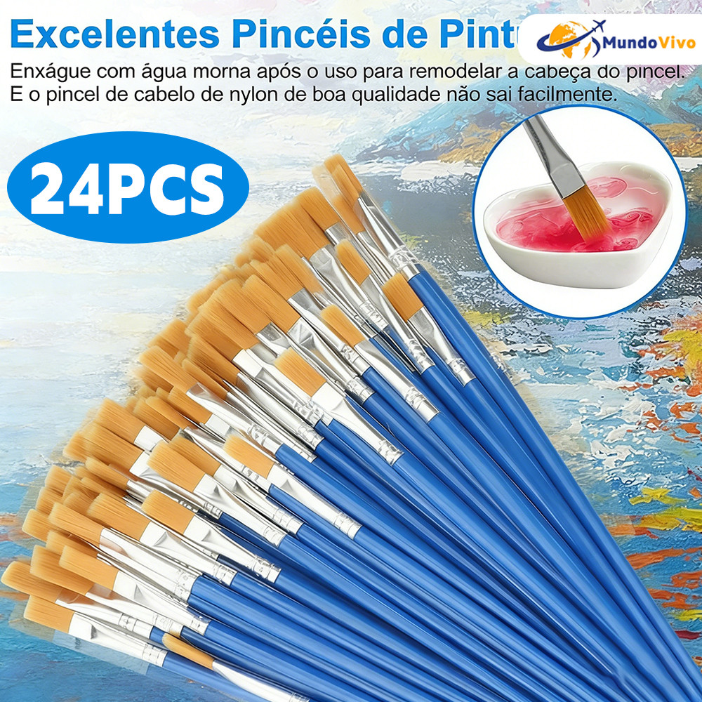 Kit12/24 Pincéis Chato Linear Nylon Atóxico Tinta Acrílica Guache Aquarela Artista EscolarTela Artesanato Não Solta Pelo