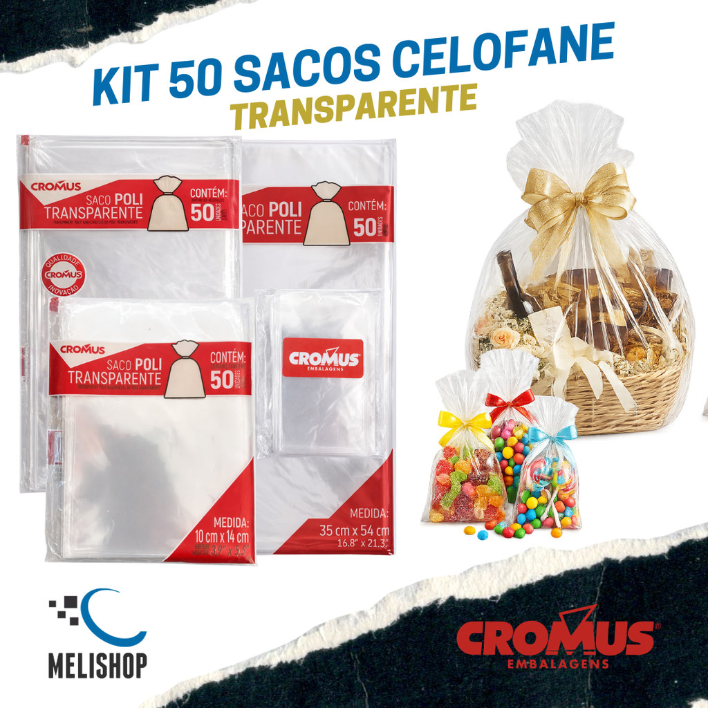Saco Celofane Transparente p/ Lembrancinhas e Presentes 50 Unidades Tamanho Variado Cromus