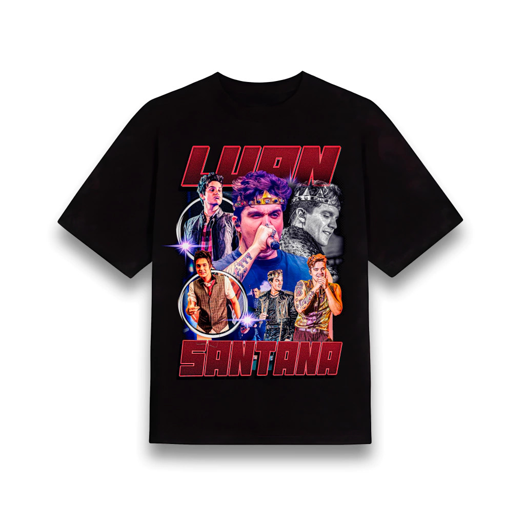 Camiseta Masculina Feminina Oversized Estampa Luan Santana Collage Vermelho Dourado Performance Palco T-shirt Streetwear