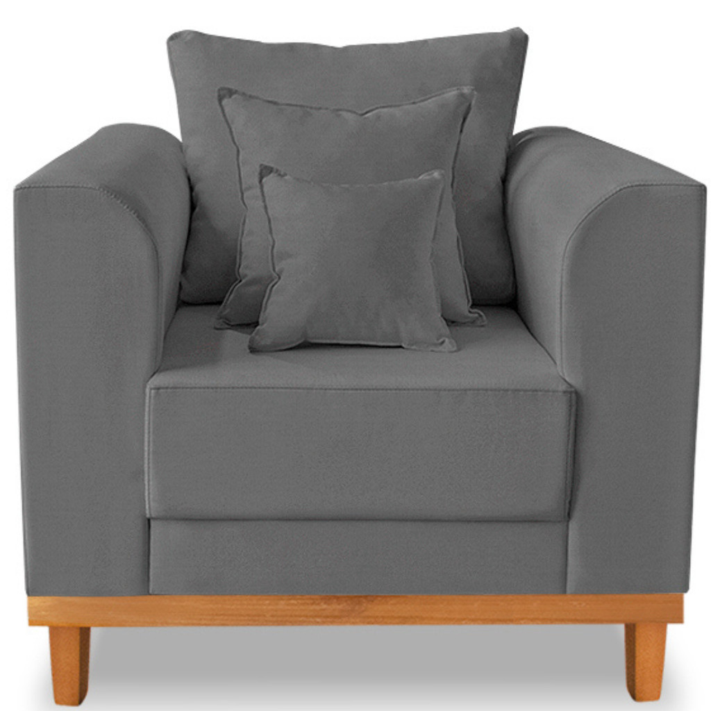 Poltrona Sala de Estar Beny Suede Cinza Com Almofadas Decorativas Madeira Estofados