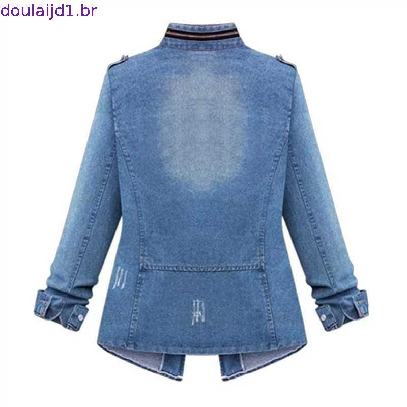 5XL Plus Size Feminino Manga Longa Jaqueta Jeans Primavera E Outono Casual Sólido Fino Bolso Casaco