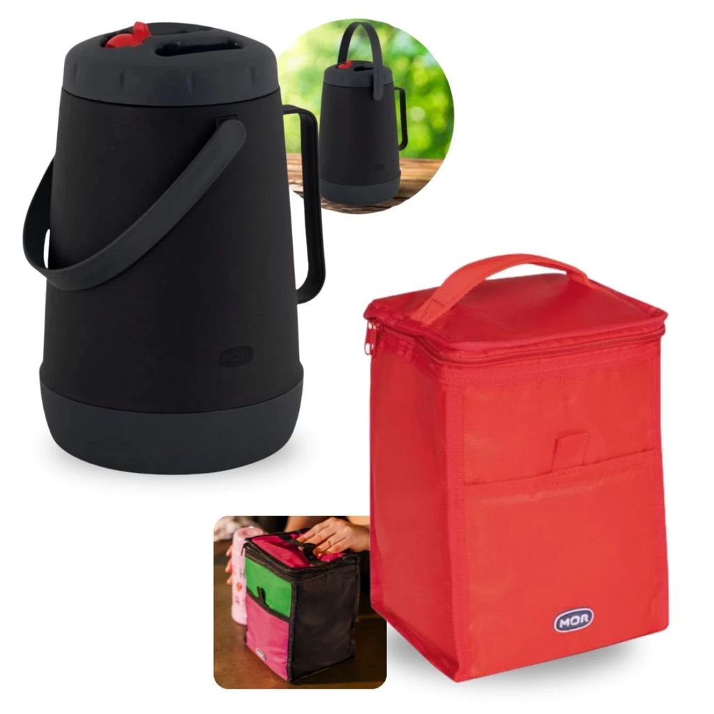 Kit Garrafa Termica 2,5l com Bico Flip Preta Mor + Bolsa Termica 5l Compacta Camping Pesca e Passeio