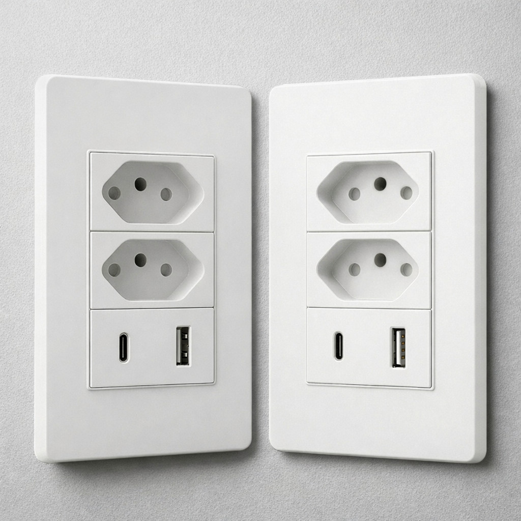 Tomada Dupla de Parede 3 Pinos + USB e USB-C Tipo C Bivolt 10A Carregamento Rápido Branca