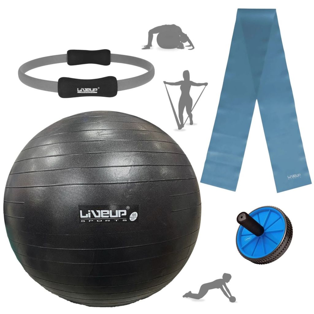 Kit Bola Suiça 65cm Anti Estouro com Inflador + Arco Anel + Faixa Elástica Forte e Roda Abdominal