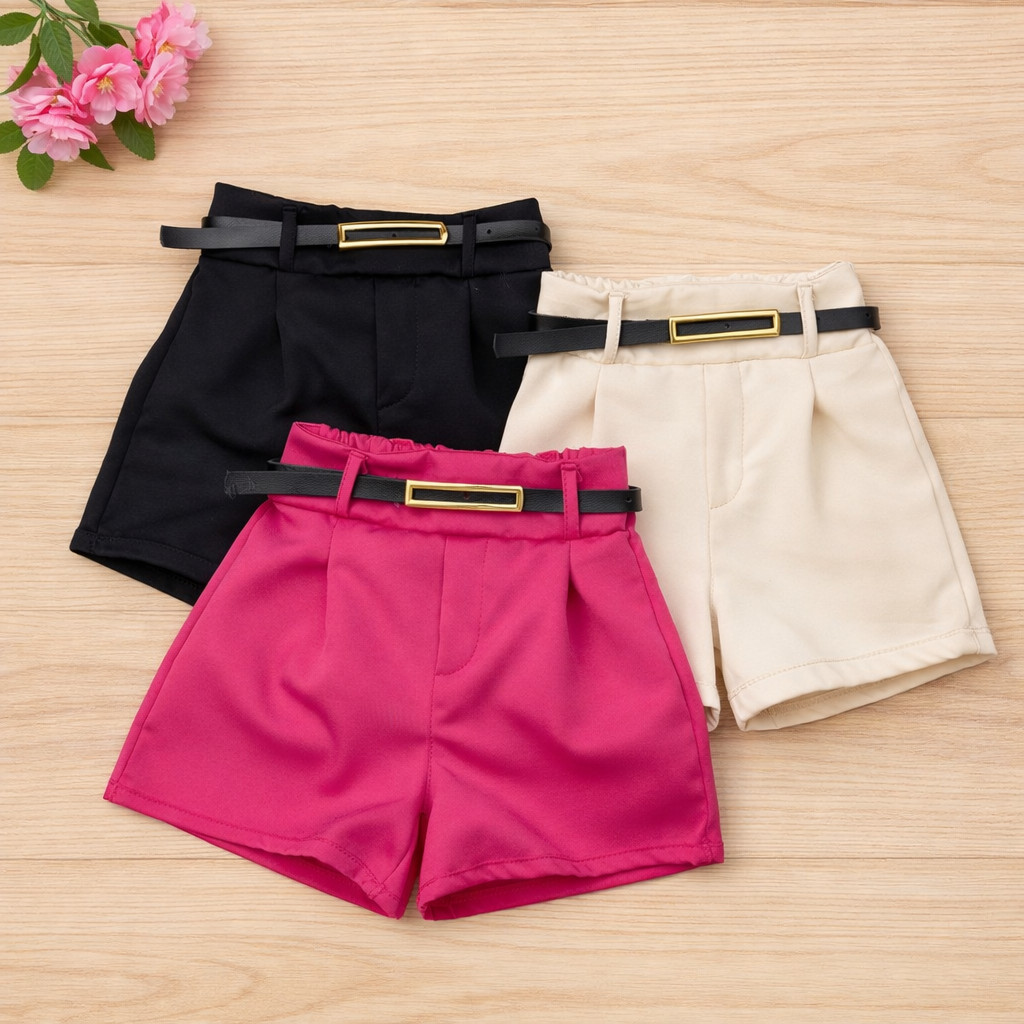KIT 3 Peças Short com cinto infantil menina  moda primavera verão em Oferta na Shopee