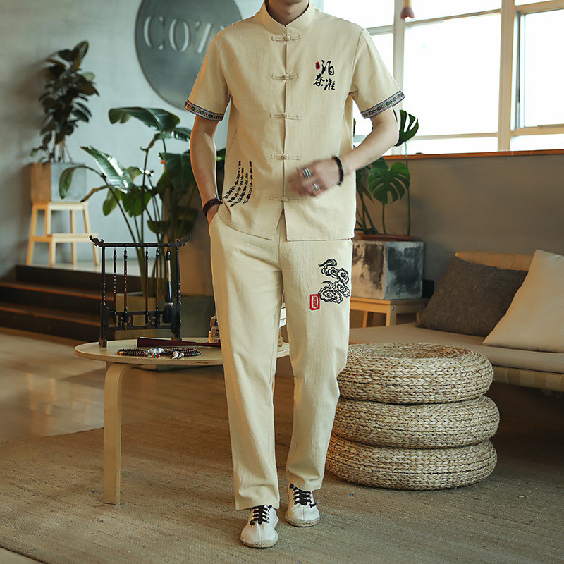Algodão E Linho Novo Estilo Nacional Moda Masculina De Meia-Idade Verão Curto Tang Terno Chinês Hanfu Retro De Masculino