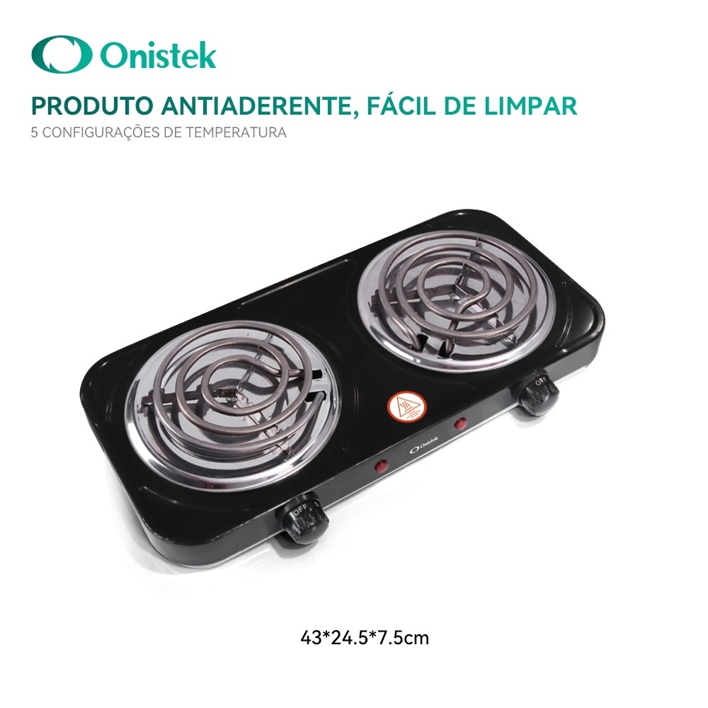Fogão Elétrico Portátil 2 Bocas 2000W Antiaderente Preto Modelo ON-FE403 45x24,5cm 127V/220V