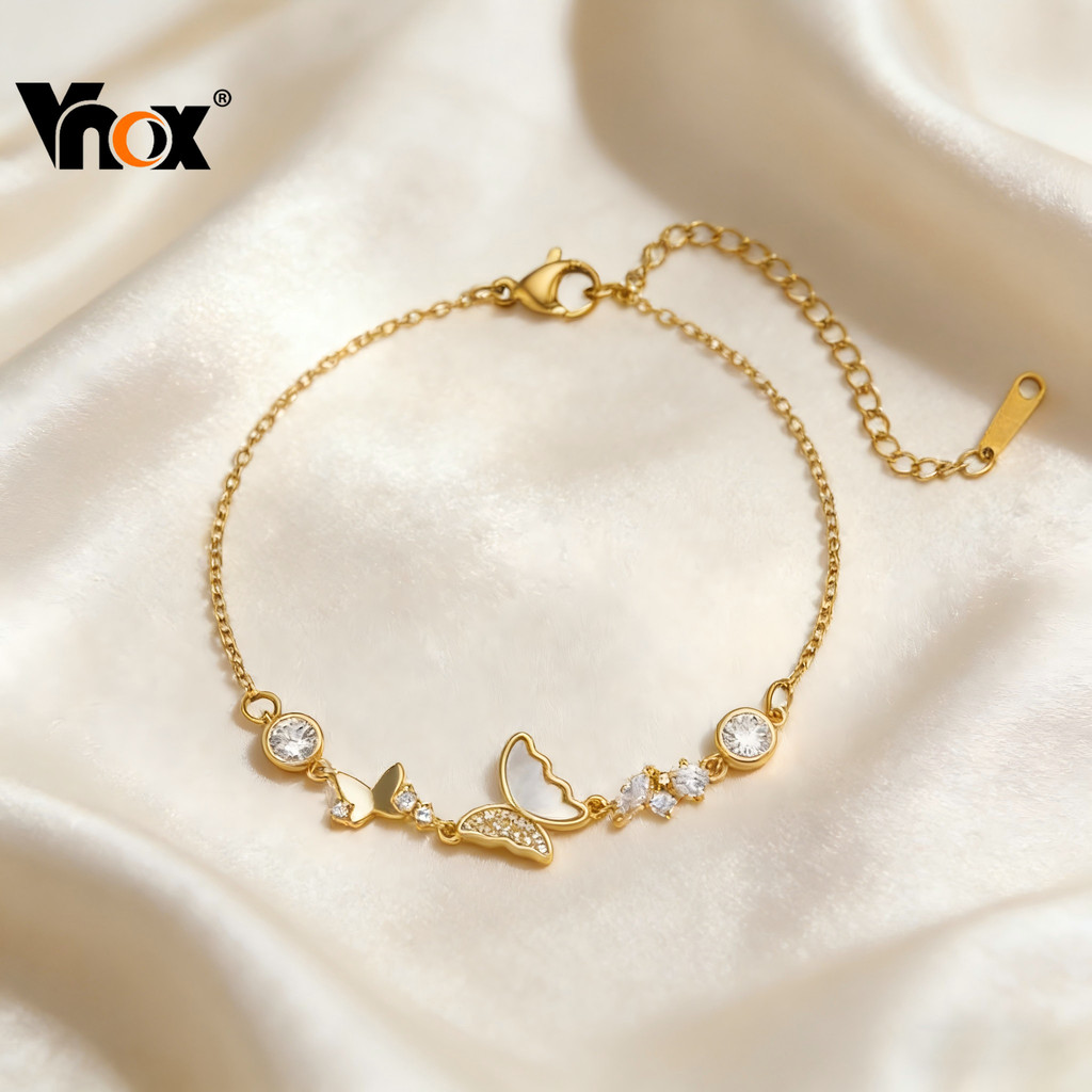 Pulseira De Borboleta De Concha Branca Vnox Para Mulheres E Meninas , Elo De Corrente Cúbica De Zircônia Banhada A Ouro