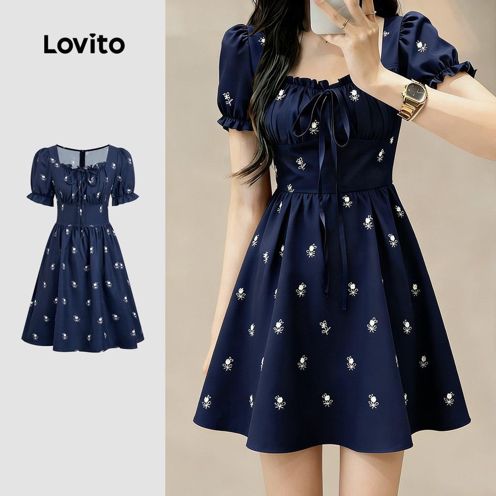 Lovito  Vestido Casual com Amarração e Babados para Primavera/verão Azul Marinho para Mulheres LBL33053 em Oferta na Shopee