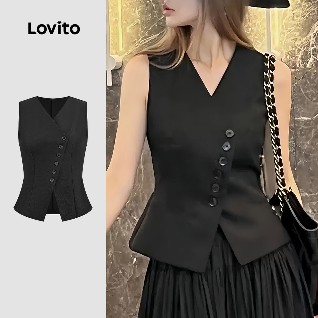 Lovito  Casual Top Assimétrico com Botão Primavera/verão Preto Top para Mulheres. L178ED334 em Oferta na Shopee