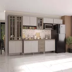 Cozinha Modulada Completa Fidelitá Paris 6 Peças 330cm 15 Portas 3 Gavetas Com Tampo Nogal/Salinas