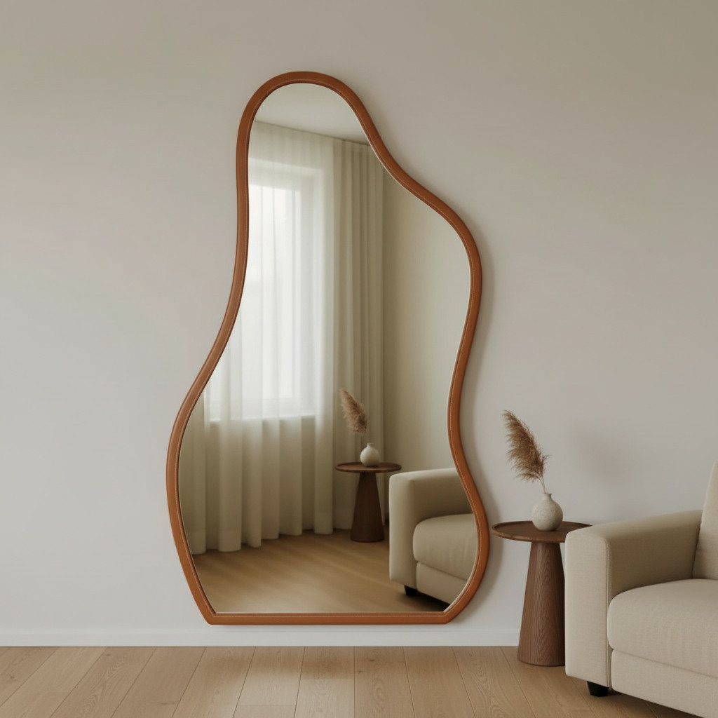 Espelho Orgânico 80x50 Flame Com Couro de Luxo Para Decoração Quarto Salas Salão de Beleza