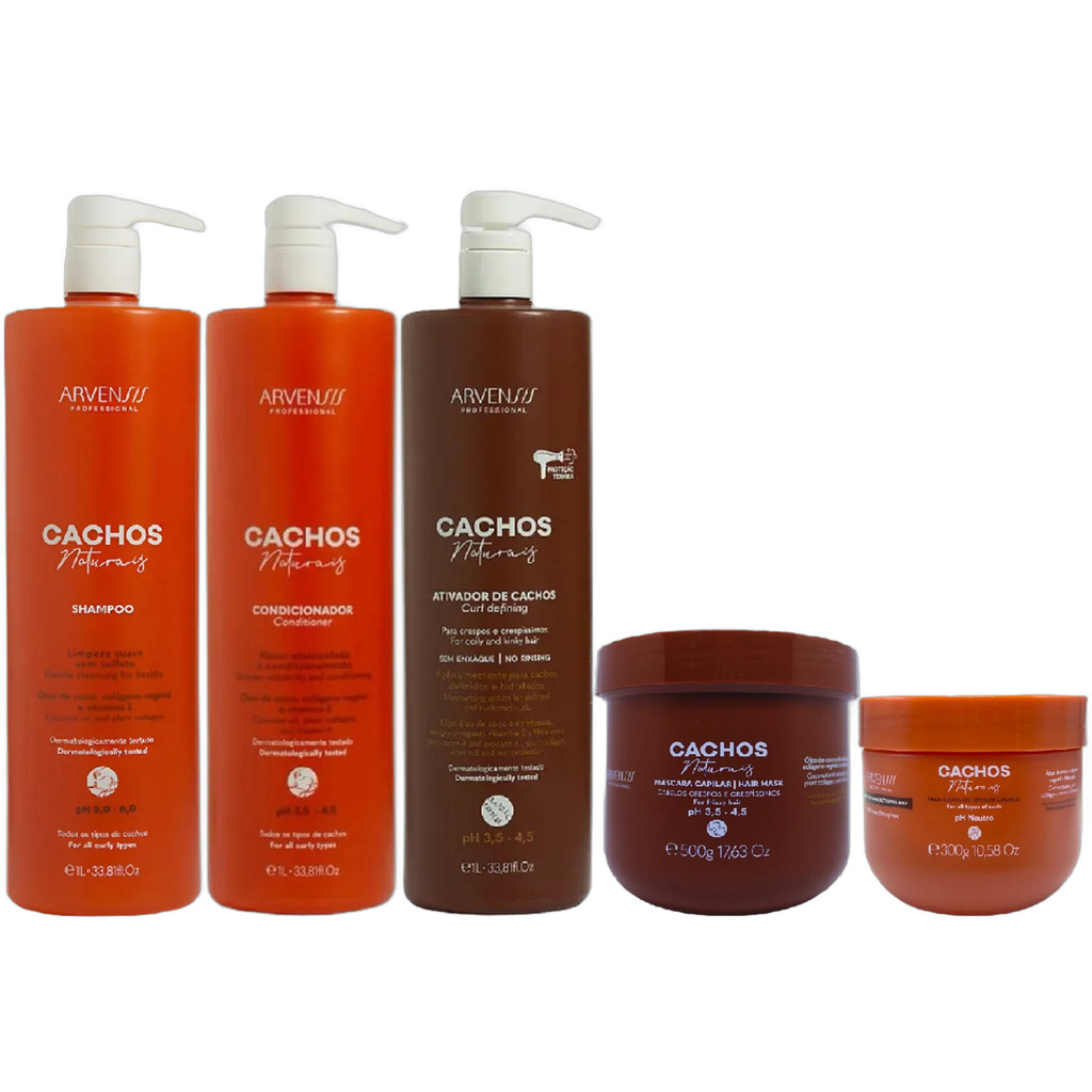 Kit Arvensis Cachos - Shampoo 1L + Condicionador 1L + Ativador De Crespos 1L + Máscara Crespos 500g + Gelatina Alta 300g