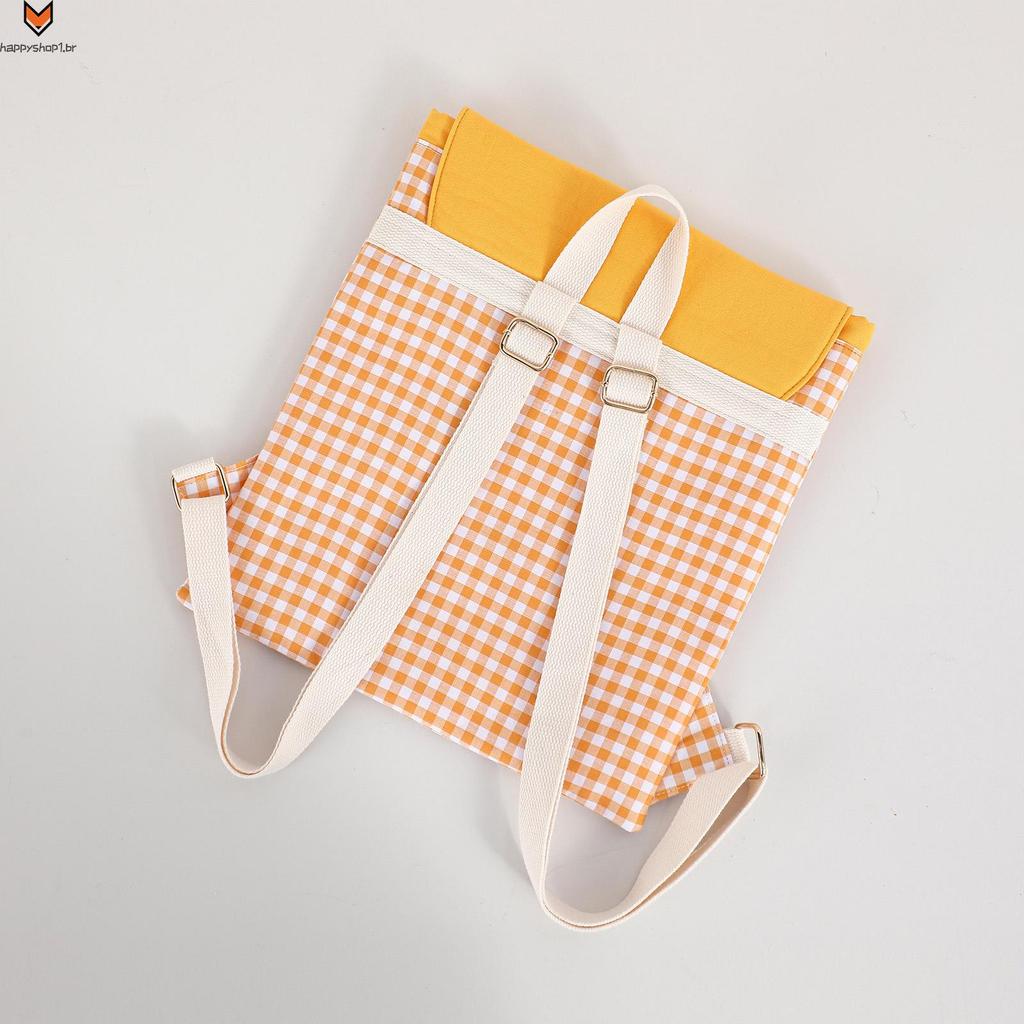 Mochila Xadrez Com Cordão , Bolsa De Ombro De Lona De Algodão Para Estudantes Armazenamento Leve Design De Bordado