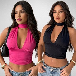Top Cropped Feminino Frente Única Multiformas Forrado Com Amarração No Pescoço Suplex