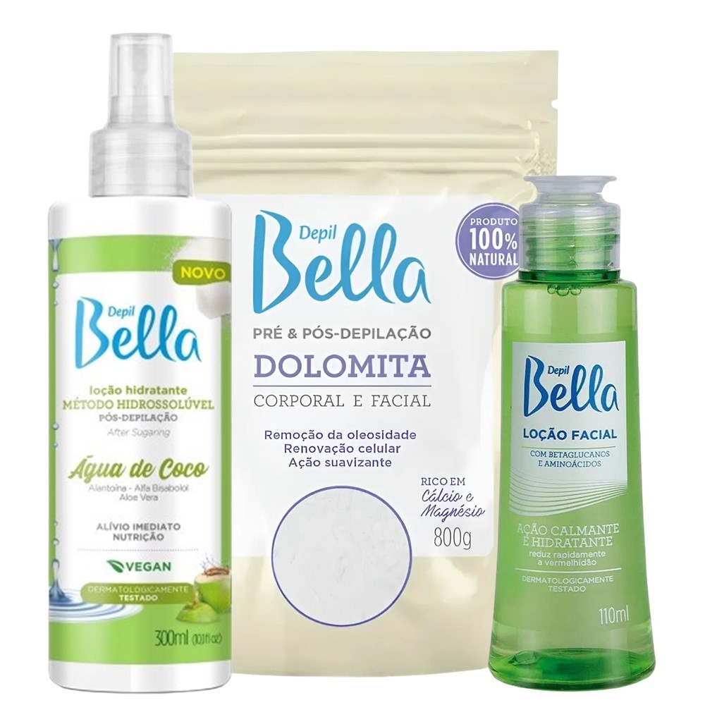 Kit Pós Depilação 1 Dolomita e 1 Loção de Água de Coco Hidratante e 1 Loção Calmante Depill Bella