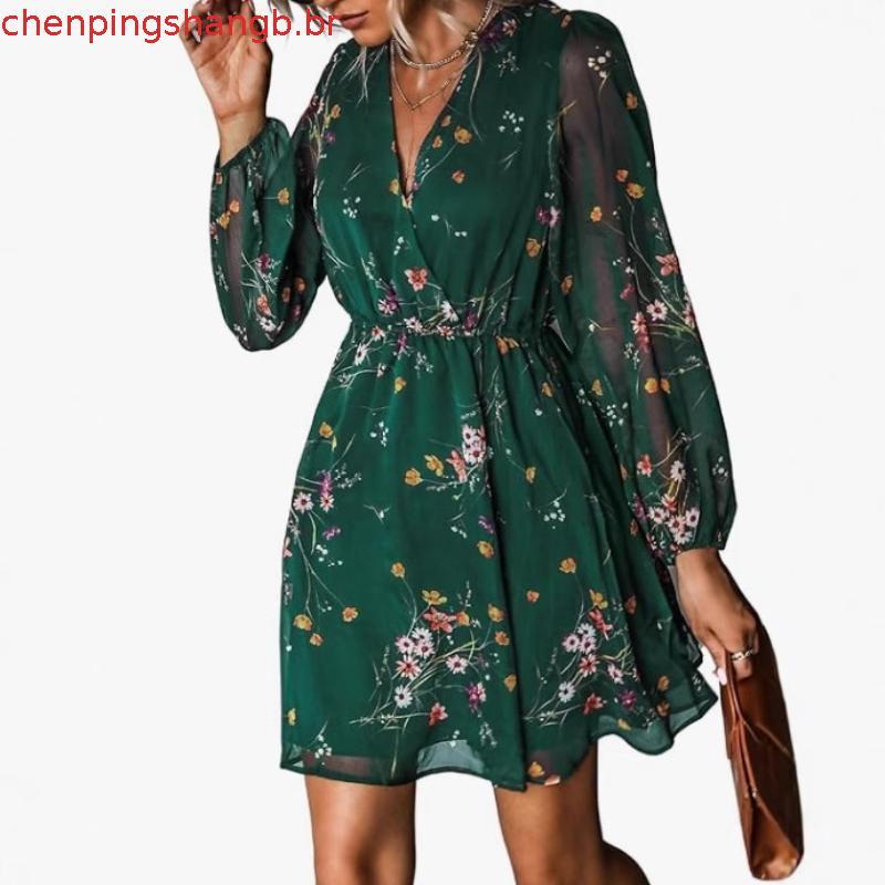 Mini vestido feminino de verão vestido de manga comprida temperamento vestido feminino Sexy