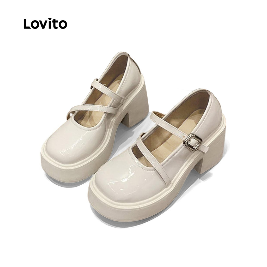 Lovito Elegante Simples Cabeça Redonda Retro Salto Alto Mary Jane Estilo Preppy Salto para Mulheres LFA58318