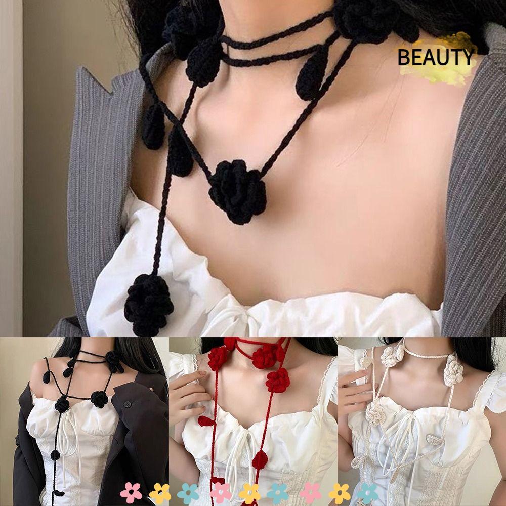 BEAUTYHOMEBR Colar De Rosa Y2k , Decoração De Corrente De Pescoço Multicolorida De Flor De Crochê , Lenço Longo