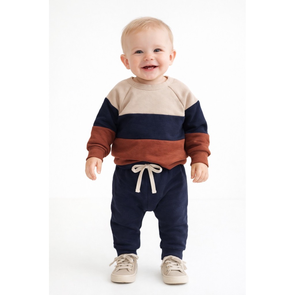 Conjunto Infantil Menino Moletom Peluciado Recortes Azul Ocre em Oferta na Shopee
