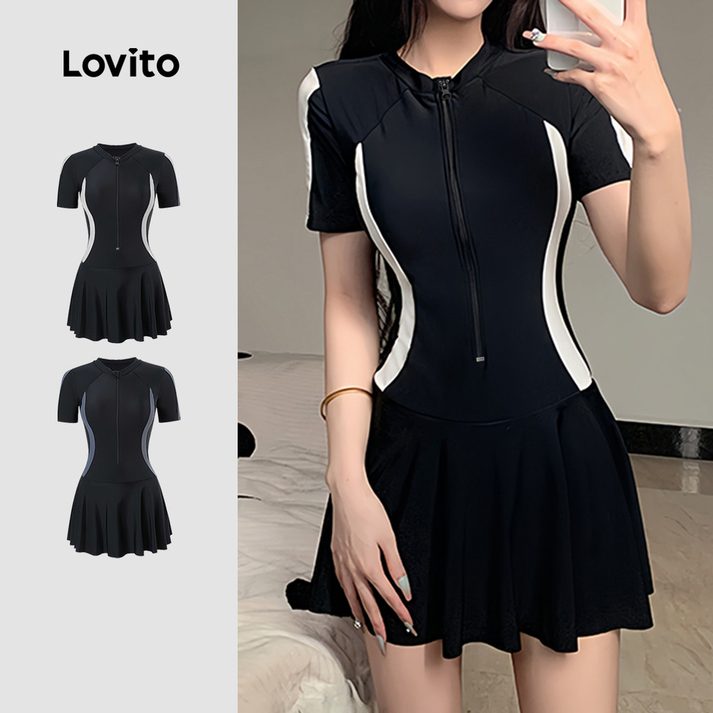 Lovito   Maiô Esportivo Preto e Branco Colorblock Zíper Primavera/Verão LNE141049 em Oferta na Shopee