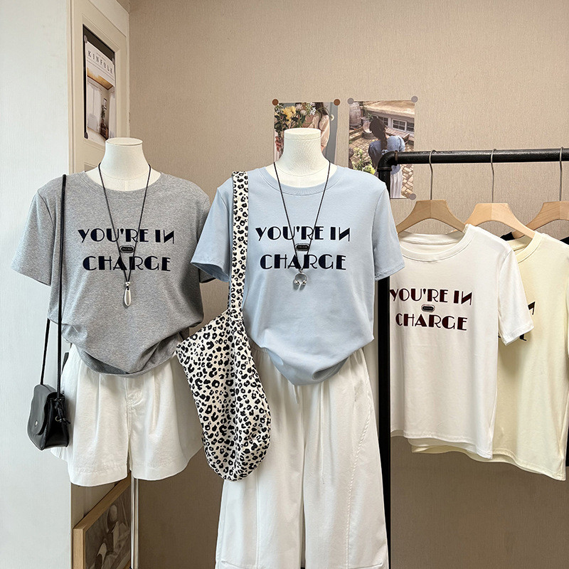 [Em Estoque] Camiseta de Manga Curta com Estampa de Letras Estilo Coreano, Gola Redonda, Efeito Emagrecedor, Casual, Top