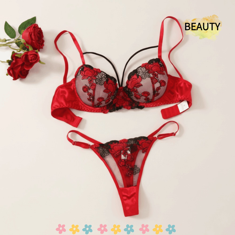 BEAUTYHOMEBR Conjunto De Sutiã Feminino , Lingerie Estilo Gótico Roupa Íntima Bordada Floral Preto E Vermelho