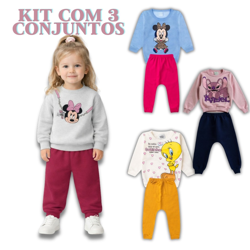 Kit 6 Peças Conjunto Moletom Infantil Menina Bebê P ao 3 Feminino Frio Inverno Personagens Minnie