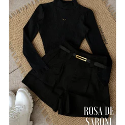 conjunto bory body manga longa + Shorts preto alfaiataria com cinto inspiração moda blogueira 2026