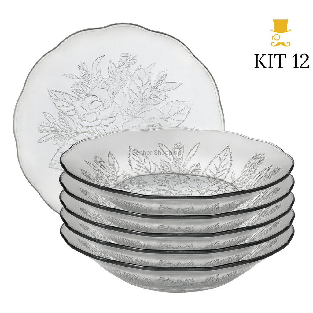 Jogo De Pratos Vidro Fundos 4 a 12 Peças Em Vidro Transparente Para Almoço/ Jantar Bem Embalado em Oferta na Shopee