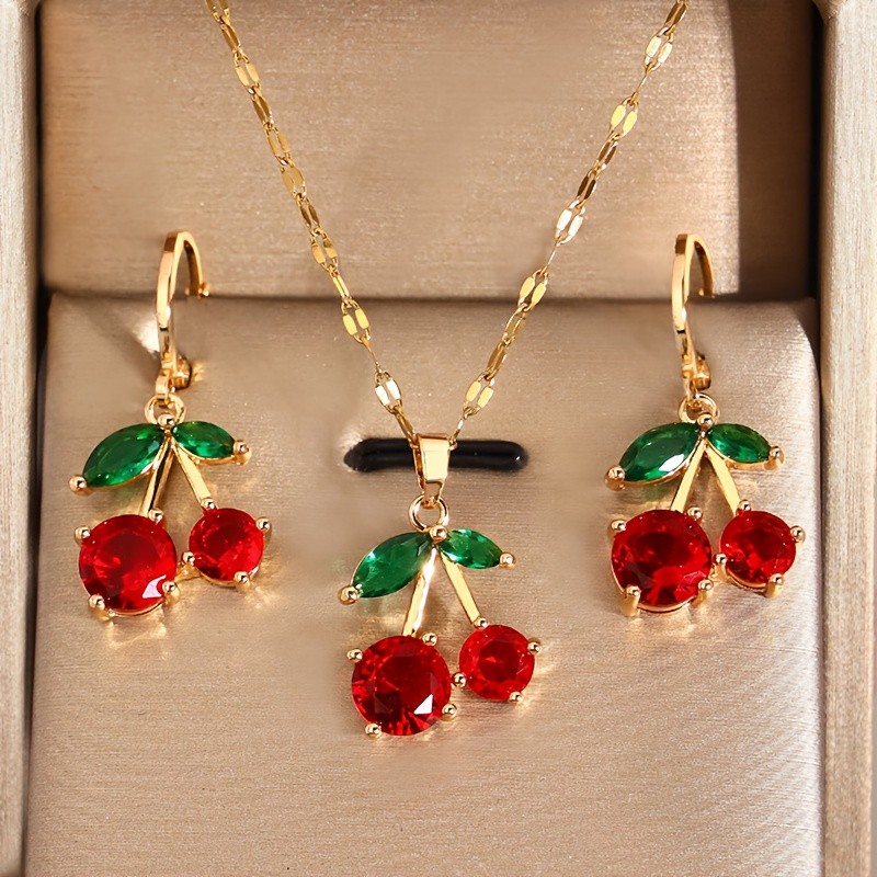 Conjunto De 2 Peças De Brinco E Gargantilha De Cristal Vermelho Leve Luxuoso