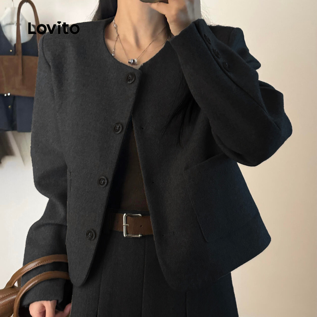 Lovito Blazer Elegante com Botão Simples para Outono/inverno Blazer Feminino Cinza escuro LK2AD110