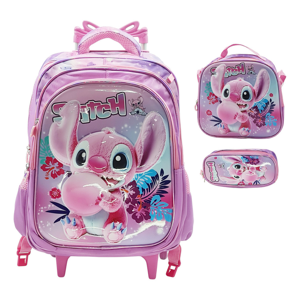 Kit Mochila Escolar Menina Infantil 3d Rodinhas Lilo & Stitch Angel Rosa
