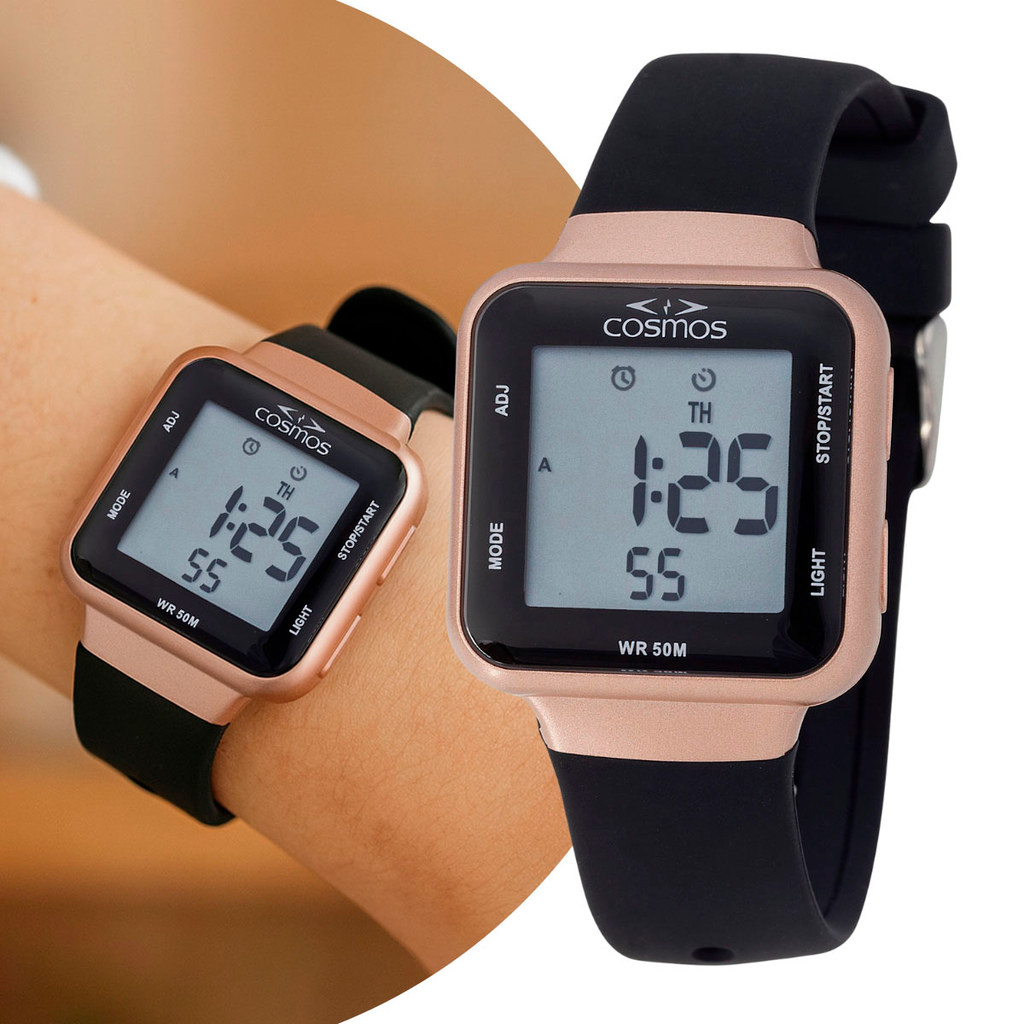 Relógio Feminino Digital de Pulso Quadrado Preto e Rosé com Pulseira de Silicone à Prova D' Água Cosmos Original