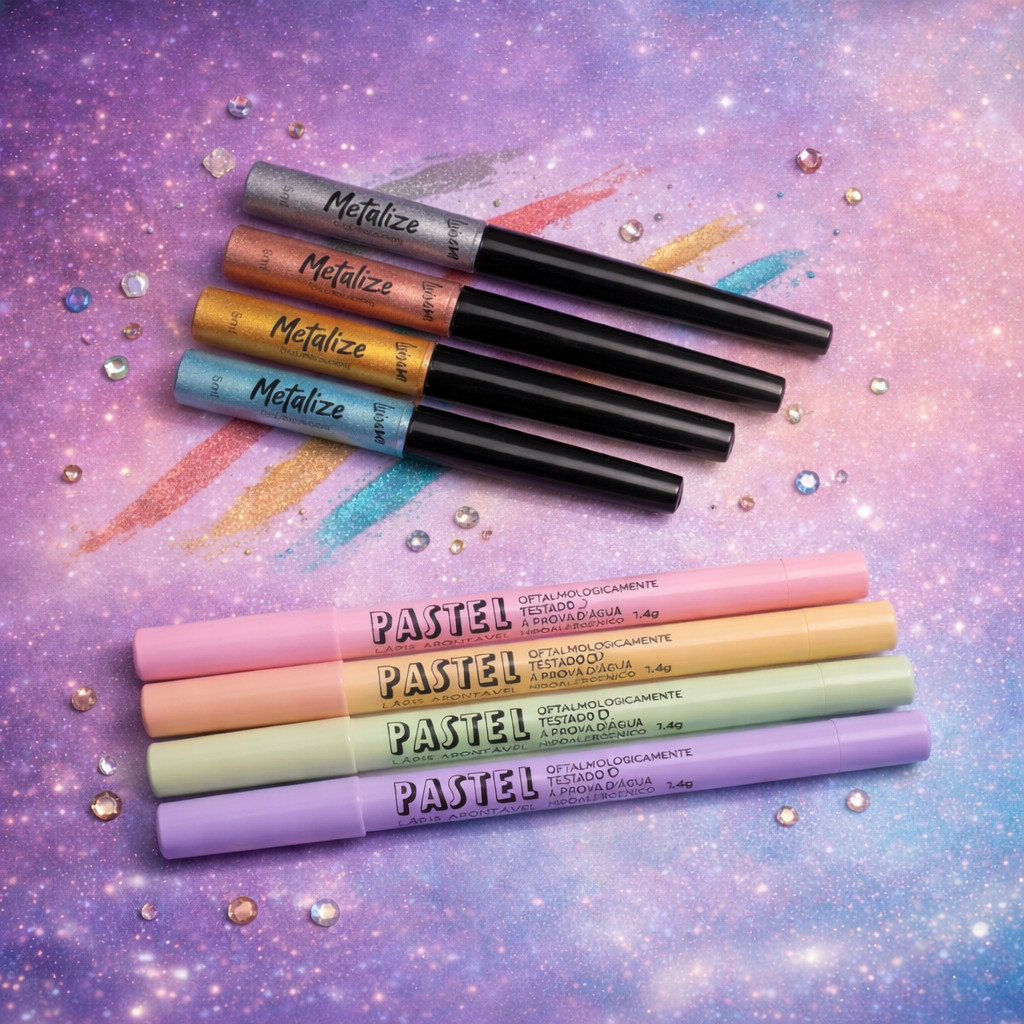 Kit Olhos em Destaque Luisance-Delineador Liquido Metalize+Lapís Pastel-Partículas Brilho,Iluminador