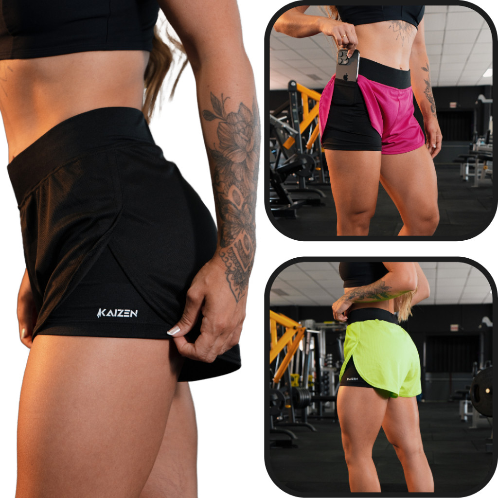 Shorts 2 em 1 feminino com compresao dry fit para academia e corridas