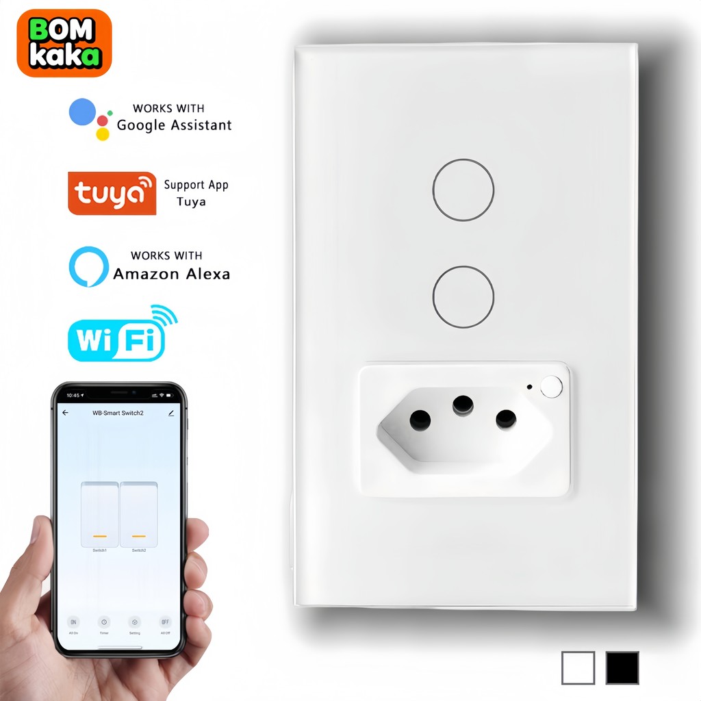 Interruptor Inteligente WiFi com Tomada e Painel de Vidro Touch – 2 Botões, Compatível com Alexa e Google