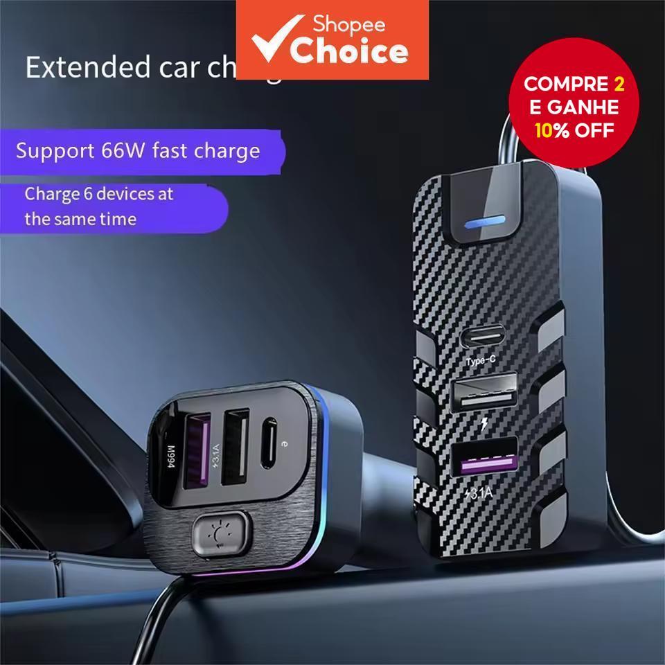  Carregador de carro 6 em 1 PD QC3.0 Carregamento rápido USB C para iPhone, Samsung Galaxy, iPad Pro, Adaptador