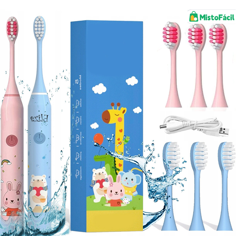 Escova de dentes infantil elétrica sônica 1 a 3 anos impermeável design seguro cerdas macias 4 cabeças