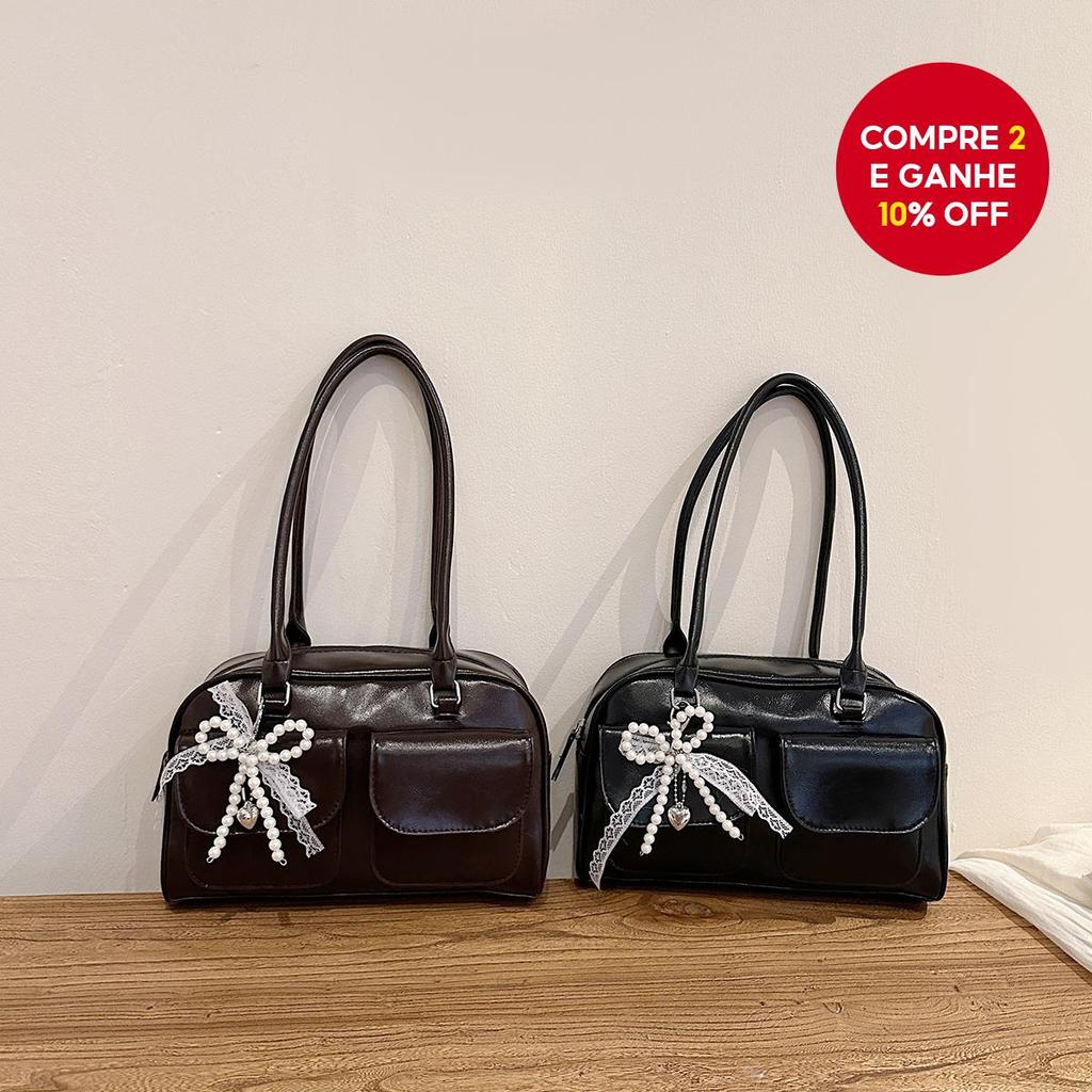 Pocket-Accent Boston Bag - Bolsa de ombro feminina de couro PU com fecho magnético e charme removível