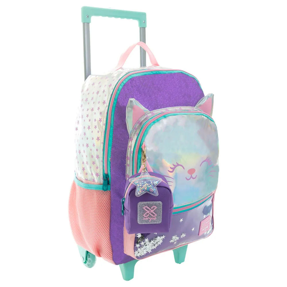 Mochila Escolar com Rodinhas 16″ Gatinho Holográfico Lilás e Com Bolsinha