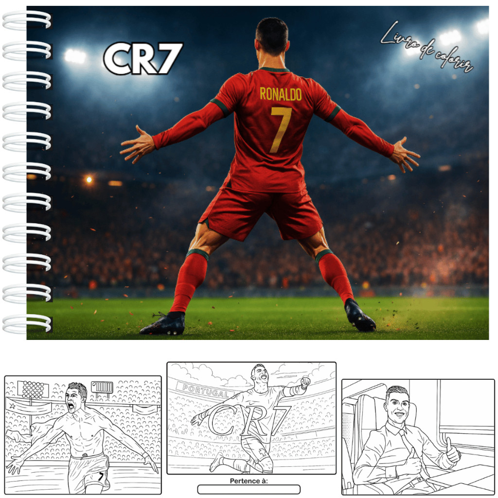 Livro de Colorir CR7 Cristiano Ronaldo Capa Dura A5 50 Páginas 180g + Acetato