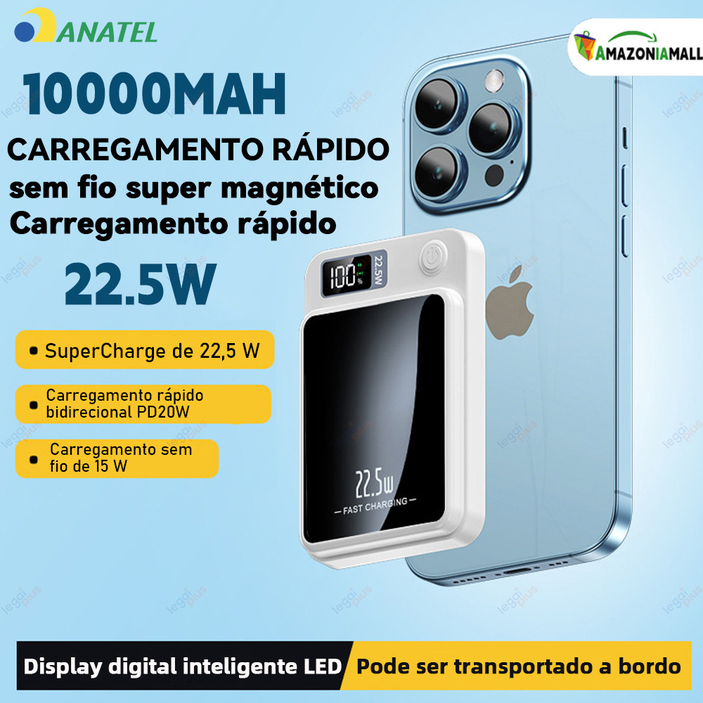 Carregador Portátil com Display 10000mAh e Tecnologia MagSafe para Android e App