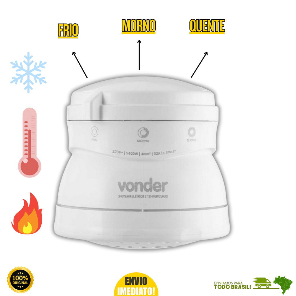 Chuveiro Ducha Elétrico 3 Temperaturas 5.400W Frio Morno Quente Resistente Premium Jato Forte VONDER