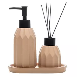 Conjunto com 3 Peças Banheiro Aromatta Terracota Cerâmica Wolff Porta Sabonete Líquido Difusor Bandeja para Lavabo Clean