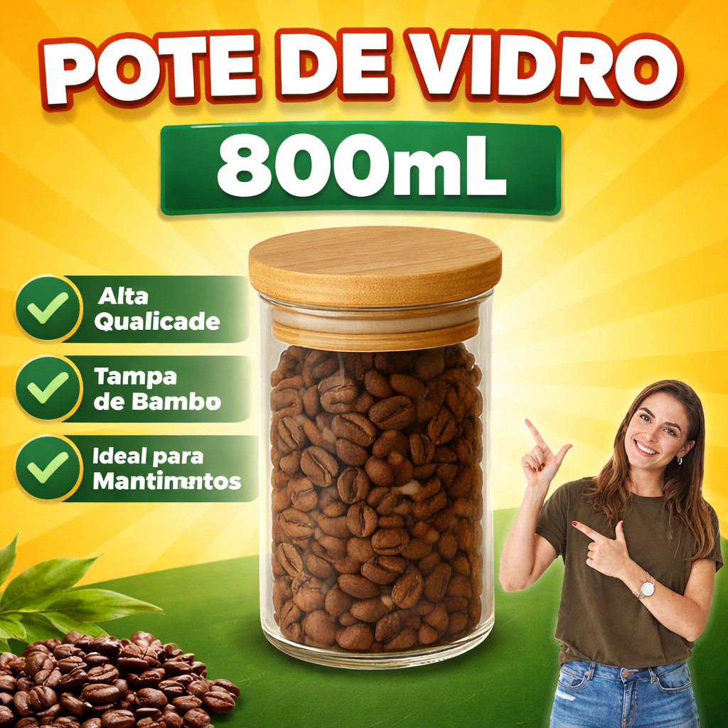 Porta Mantimento De Vidro Herméticos - Tampa De Bambu 800ML