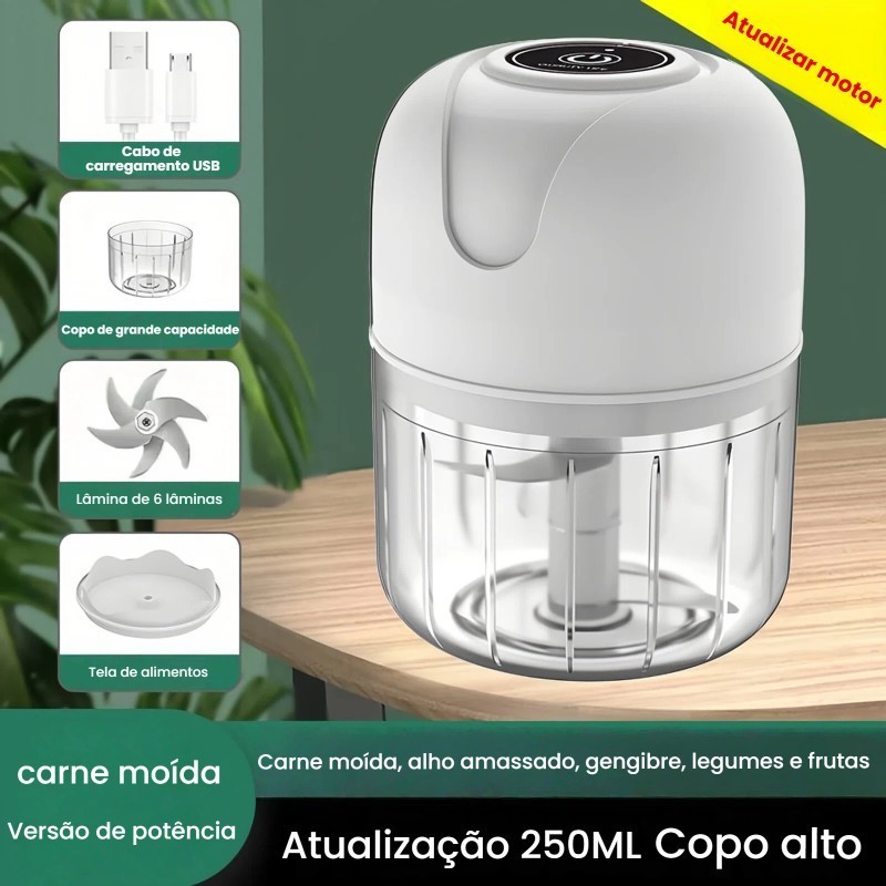 Triturador Elétrico Sem Fio 250ML: Mini Processador para Legumes, Alho e Gengibre