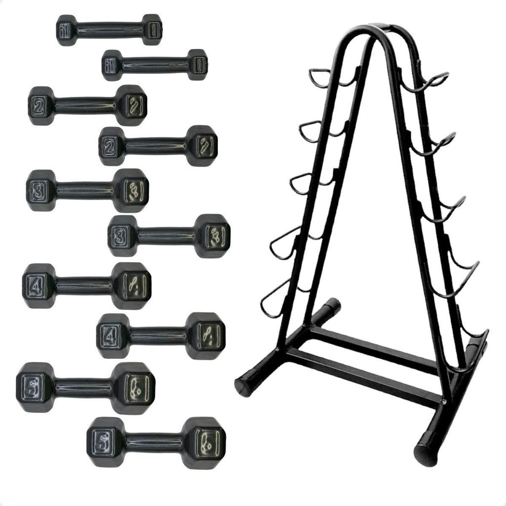 Torre Suporte + Halteres Sextavado Emborrachados - Pares de 1 a 5 Kg