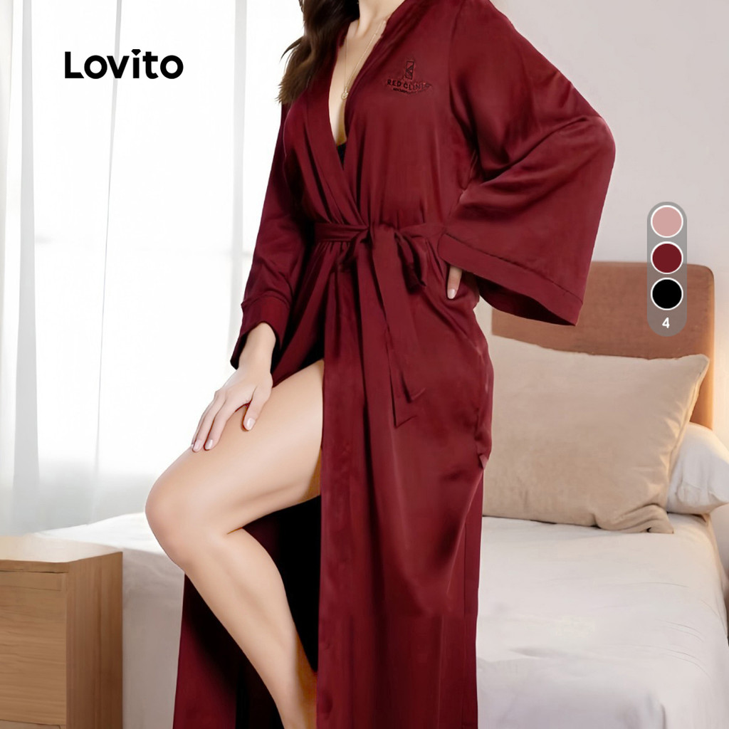 Lovito Conjunto Elegante Combinando Casais Robe Longo De Seda Com Cinto E Renda Robe Luxuoso Para Mulheres LNE126101 em Oferta na Shopee