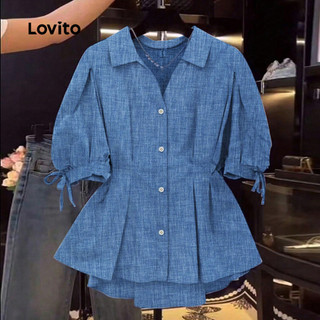 Lovito Casual Blusa Oficial com Botão Primavera/verão Blusa Azul para Mulheres LK2LD433